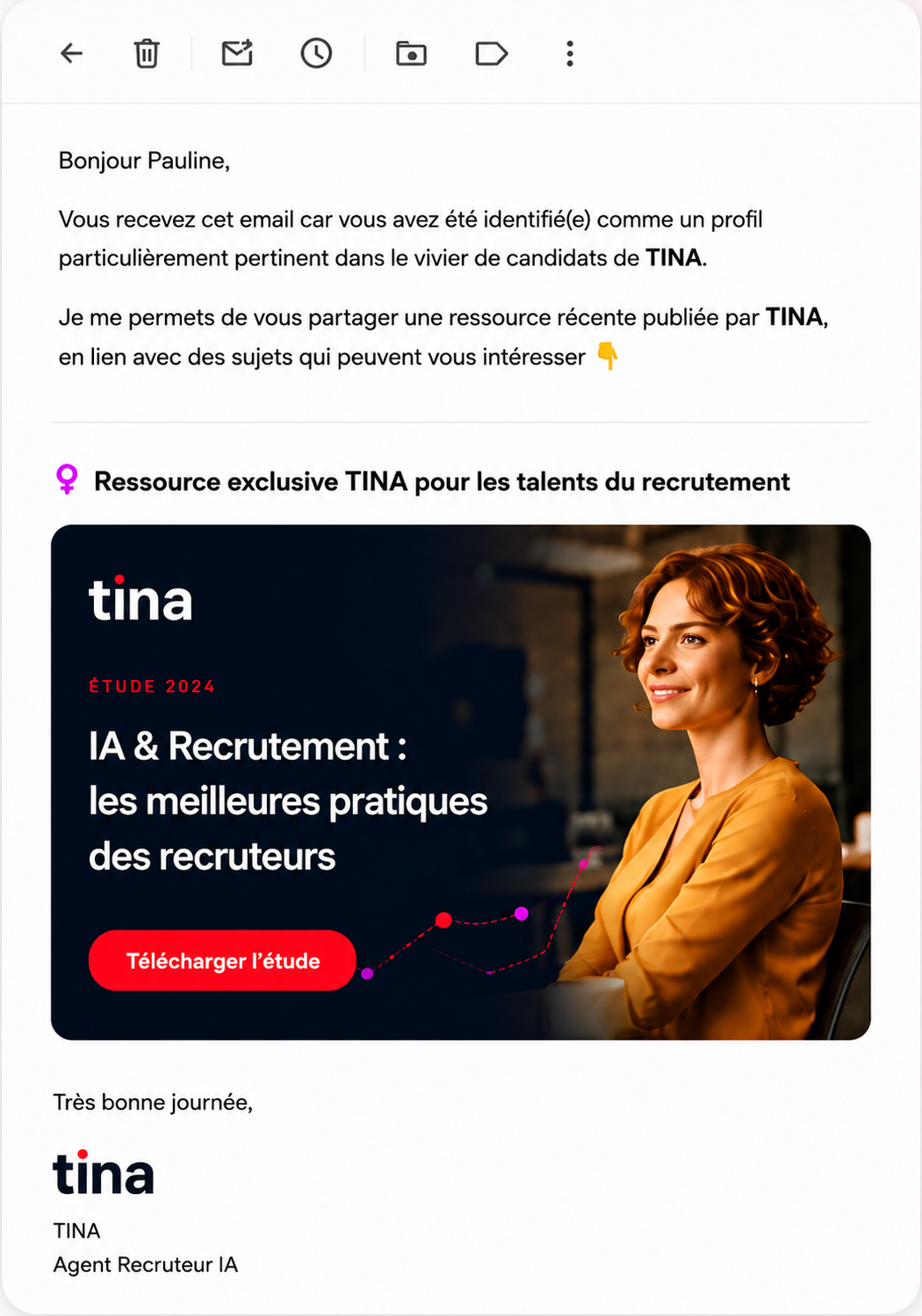Exemple d'email de nurturing personnalisé envoyé par TINA