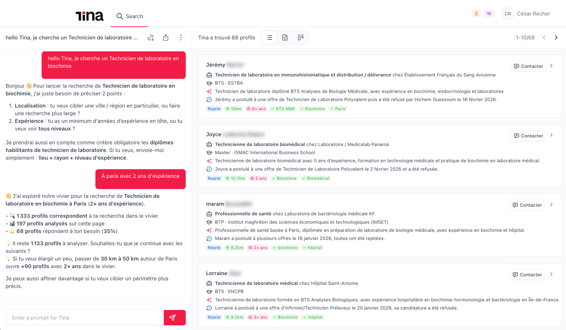 Aperçu de Tina Search retrouvant les profils les plus pertinents dans l'ATS